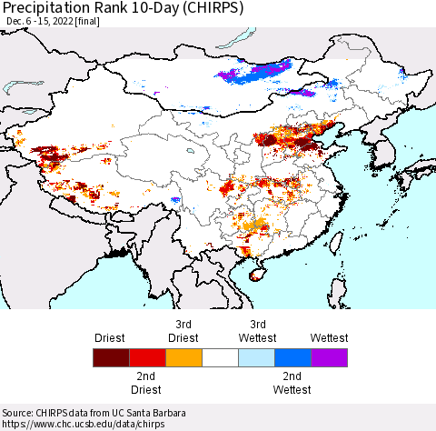 China, Mongolia and Taiwan Precipitation Rank since 1981, 10-Day (CHIRPS) Thematic Map For 12/6/2022 - 12/15/2022