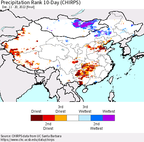 China, Mongolia and Taiwan Precipitation Rank since 1981, 10-Day (CHIRPS) Thematic Map For 12/11/2022 - 12/20/2022