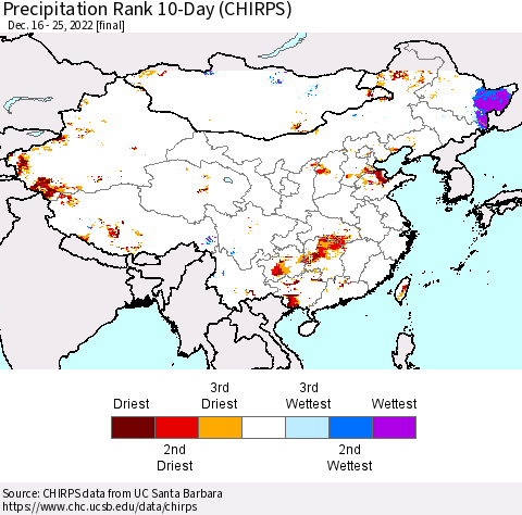 China, Mongolia and Taiwan Precipitation Rank since 1981, 10-Day (CHIRPS) Thematic Map For 12/16/2022 - 12/25/2022