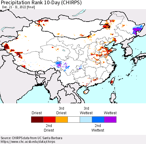 China, Mongolia and Taiwan Precipitation Rank since 1981, 10-Day (CHIRPS) Thematic Map For 12/21/2022 - 12/31/2022