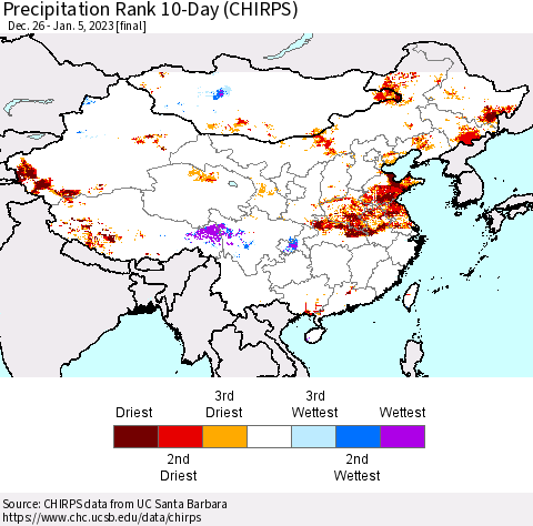 China, Mongolia and Taiwan Precipitation Rank since 1981, 10-Day (CHIRPS) Thematic Map For 12/26/2022 - 1/5/2023