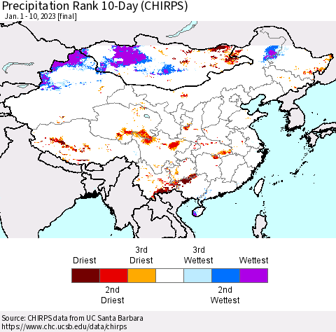 China, Mongolia and Taiwan Precipitation Rank since 1981, 10-Day (CHIRPS) Thematic Map For 1/1/2023 - 1/10/2023