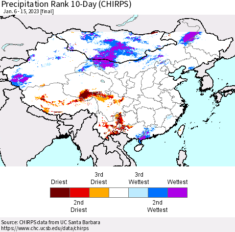 China, Mongolia and Taiwan Precipitation Rank since 1981, 10-Day (CHIRPS) Thematic Map For 1/6/2023 - 1/15/2023
