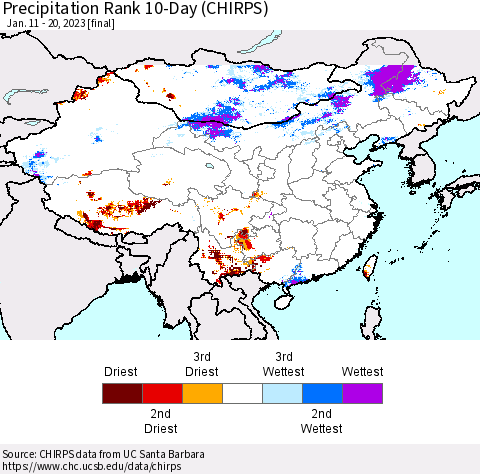 China, Mongolia and Taiwan Precipitation Rank since 1981, 10-Day (CHIRPS) Thematic Map For 1/11/2023 - 1/20/2023