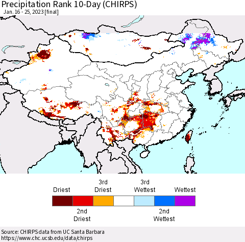 China, Mongolia and Taiwan Precipitation Rank since 1981, 10-Day (CHIRPS) Thematic Map For 1/16/2023 - 1/25/2023