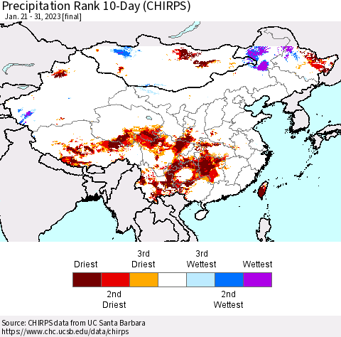 China, Mongolia and Taiwan Precipitation Rank since 1981, 10-Day (CHIRPS) Thematic Map For 1/21/2023 - 1/31/2023