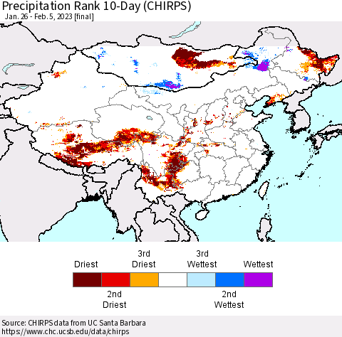China, Mongolia and Taiwan Precipitation Rank since 1981, 10-Day (CHIRPS) Thematic Map For 1/26/2023 - 2/5/2023