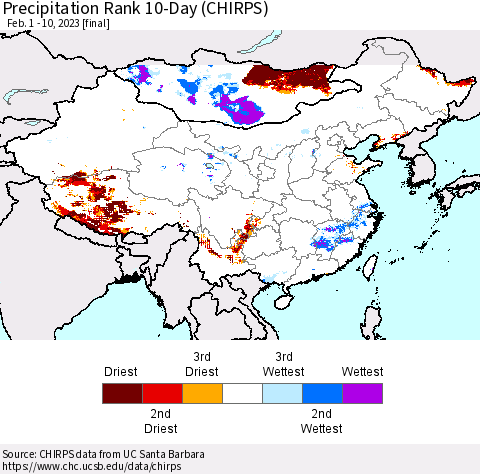 China, Mongolia and Taiwan Precipitation Rank since 1981, 10-Day (CHIRPS) Thematic Map For 2/1/2023 - 2/10/2023