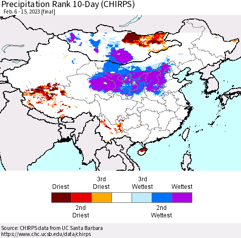 China, Mongolia and Taiwan Precipitation Rank since 1981, 10-Day (CHIRPS) Thematic Map For 2/6/2023 - 2/15/2023