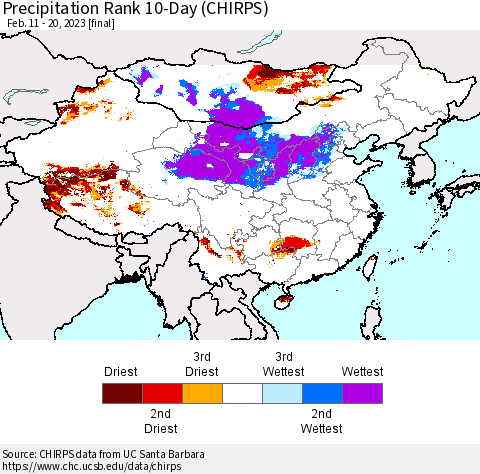 China, Mongolia and Taiwan Precipitation Rank since 1981, 10-Day (CHIRPS) Thematic Map For 2/11/2023 - 2/20/2023