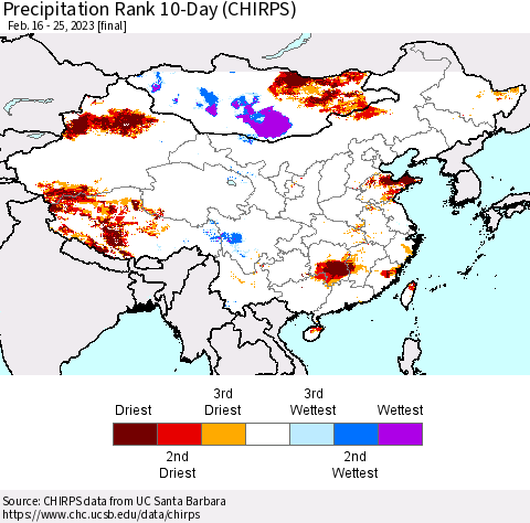 China, Mongolia and Taiwan Precipitation Rank since 1981, 10-Day (CHIRPS) Thematic Map For 2/16/2023 - 2/25/2023