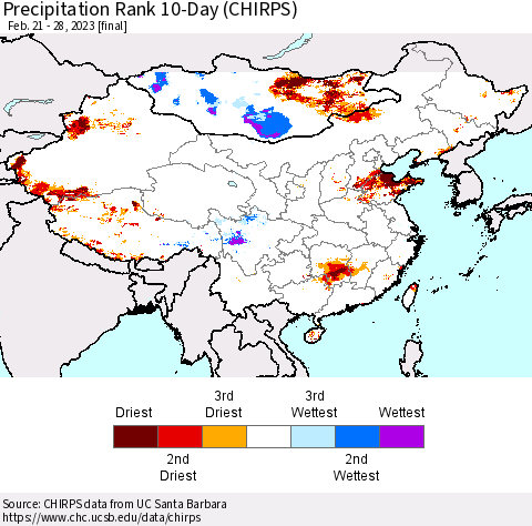 China, Mongolia and Taiwan Precipitation Rank since 1981, 10-Day (CHIRPS) Thematic Map For 2/21/2023 - 2/28/2023