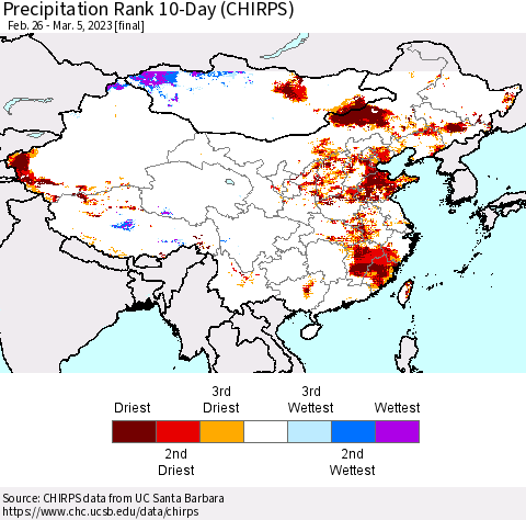 China, Mongolia and Taiwan Precipitation Rank since 1981, 10-Day (CHIRPS) Thematic Map For 2/26/2023 - 3/5/2023