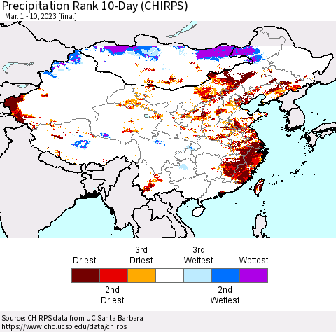 China, Mongolia and Taiwan Precipitation Rank since 1981, 10-Day (CHIRPS) Thematic Map For 3/1/2023 - 3/10/2023