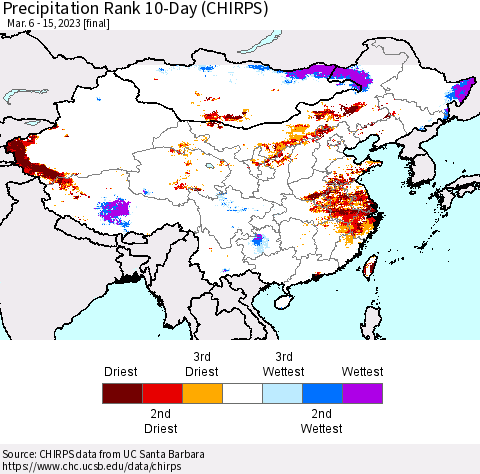 China, Mongolia and Taiwan Precipitation Rank since 1981, 10-Day (CHIRPS) Thematic Map For 3/6/2023 - 3/15/2023