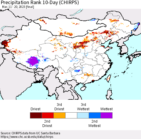 China, Mongolia and Taiwan Precipitation Rank since 1981, 10-Day (CHIRPS) Thematic Map For 3/11/2023 - 3/20/2023
