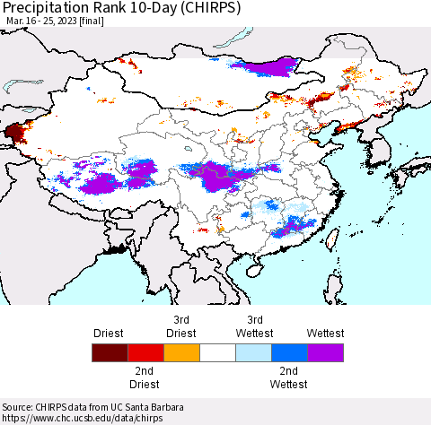 China, Mongolia and Taiwan Precipitation Rank since 1981, 10-Day (CHIRPS) Thematic Map For 3/16/2023 - 3/25/2023