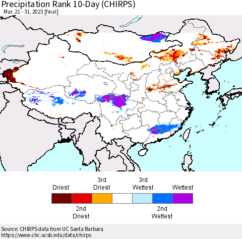 China, Mongolia and Taiwan Precipitation Rank since 1981, 10-Day (CHIRPS) Thematic Map For 3/21/2023 - 3/31/2023