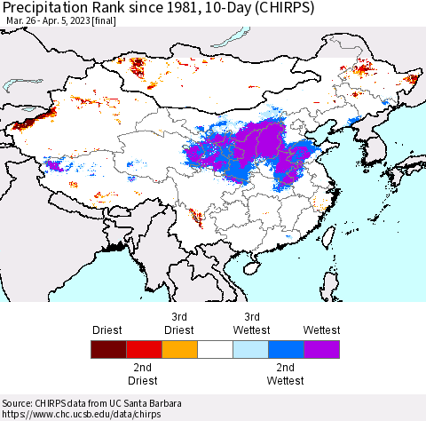 China, Mongolia and Taiwan Precipitation Rank since 1981, 10-Day (CHIRPS) Thematic Map For 3/26/2023 - 4/5/2023