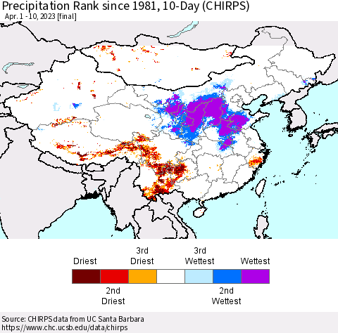 China, Mongolia and Taiwan Precipitation Rank since 1981, 10-Day (CHIRPS) Thematic Map For 4/1/2023 - 4/10/2023