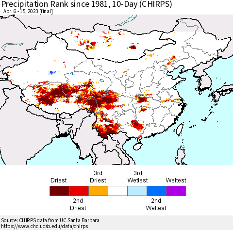 China, Mongolia and Taiwan Precipitation Rank since 1981, 10-Day (CHIRPS) Thematic Map For 4/6/2023 - 4/15/2023