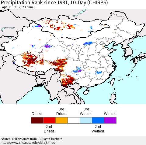China, Mongolia and Taiwan Precipitation Rank since 1981, 10-Day (CHIRPS) Thematic Map For 4/11/2023 - 4/20/2023