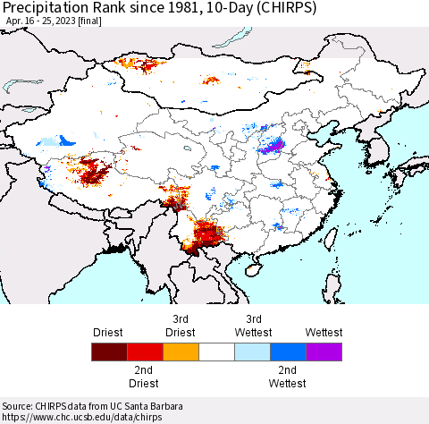 China, Mongolia and Taiwan Precipitation Rank since 1981, 10-Day (CHIRPS) Thematic Map For 4/16/2023 - 4/25/2023