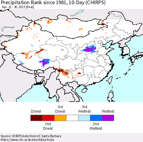 China, Mongolia and Taiwan Precipitation Rank since 1981, 10-Day (CHIRPS) Thematic Map For 4/21/2023 - 4/30/2023