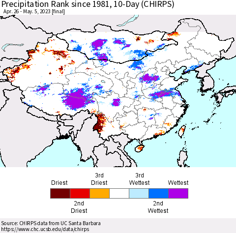 China, Mongolia and Taiwan Precipitation Rank since 1981, 10-Day (CHIRPS) Thematic Map For 4/26/2023 - 5/5/2023