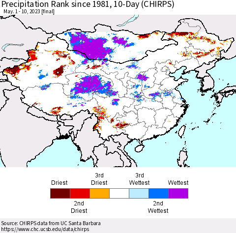 China, Mongolia and Taiwan Precipitation Rank since 1981, 10-Day (CHIRPS) Thematic Map For 5/1/2023 - 5/10/2023