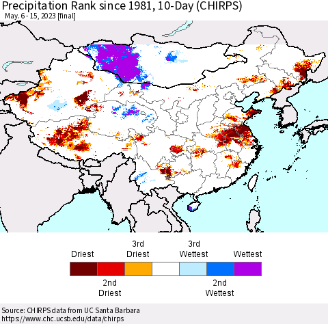 China, Mongolia and Taiwan Precipitation Rank since 1981, 10-Day (CHIRPS) Thematic Map For 5/6/2023 - 5/15/2023