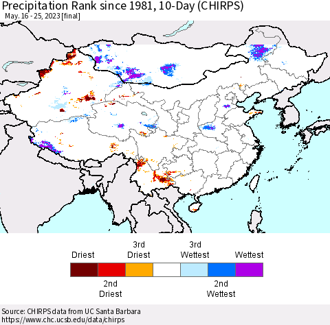 China, Mongolia and Taiwan Precipitation Rank since 1981, 10-Day (CHIRPS) Thematic Map For 5/16/2023 - 5/25/2023