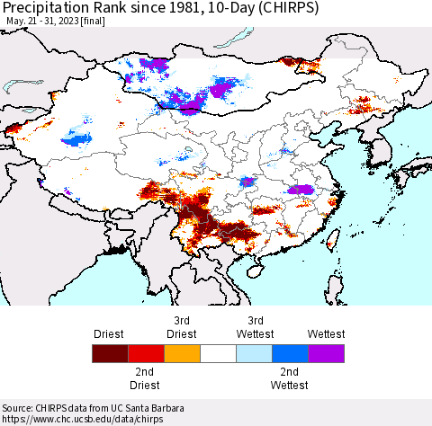 China, Mongolia and Taiwan Precipitation Rank since 1981, 10-Day (CHIRPS) Thematic Map For 5/21/2023 - 5/31/2023