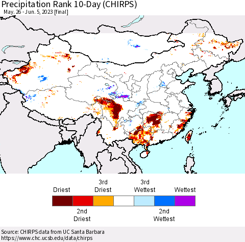 China, Mongolia and Taiwan Precipitation Rank since 1981, 10-Day (CHIRPS) Thematic Map For 5/26/2023 - 6/5/2023