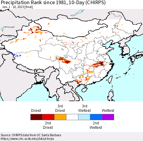 China, Mongolia and Taiwan Precipitation Rank since 1981, 10-Day (CHIRPS) Thematic Map For 6/1/2023 - 6/10/2023