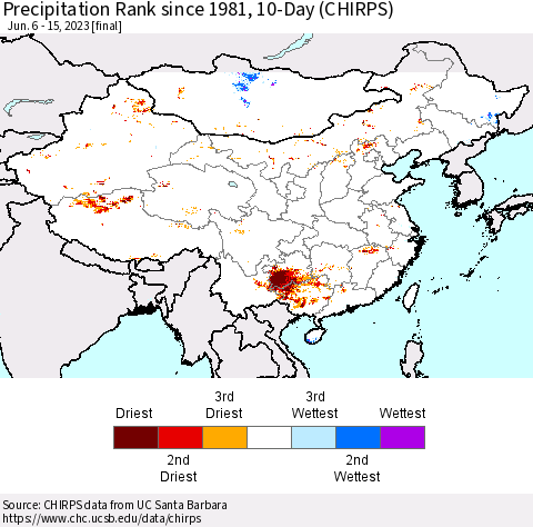 China, Mongolia and Taiwan Precipitation Rank since 1981, 10-Day (CHIRPS) Thematic Map For 6/6/2023 - 6/15/2023