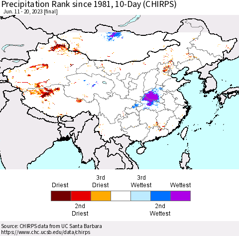 China, Mongolia and Taiwan Precipitation Rank since 1981, 10-Day (CHIRPS) Thematic Map For 6/11/2023 - 6/20/2023