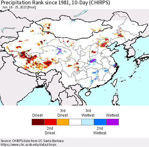 China, Mongolia and Taiwan Precipitation Rank since 1981, 10-Day (CHIRPS) Thematic Map For 6/16/2023 - 6/25/2023