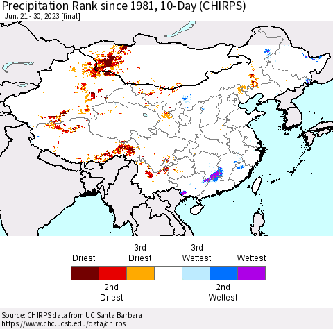 China, Mongolia and Taiwan Precipitation Rank since 1981, 10-Day (CHIRPS) Thematic Map For 6/21/2023 - 6/30/2023