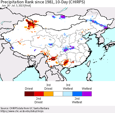 China, Mongolia and Taiwan Precipitation Rank since 1981, 10-Day (CHIRPS) Thematic Map For 6/26/2023 - 7/5/2023