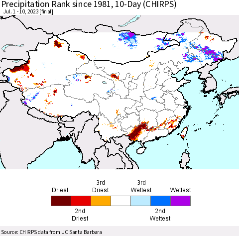 China, Mongolia and Taiwan Precipitation Rank since 1981, 10-Day (CHIRPS) Thematic Map For 7/1/2023 - 7/10/2023
