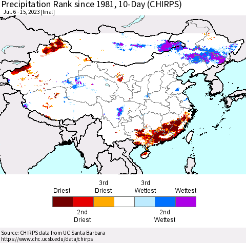 China, Mongolia and Taiwan Precipitation Rank since 1981, 10-Day (CHIRPS) Thematic Map For 7/6/2023 - 7/15/2023