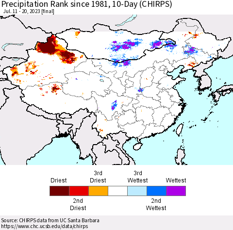 China, Mongolia and Taiwan Precipitation Rank since 1981, 10-Day (CHIRPS) Thematic Map For 7/11/2023 - 7/20/2023