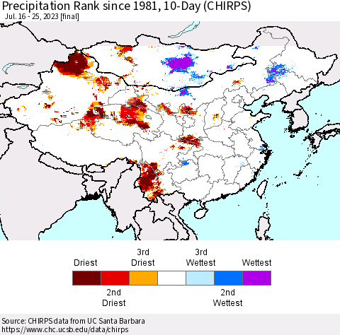 China, Mongolia and Taiwan Precipitation Rank since 1981, 10-Day (CHIRPS) Thematic Map For 7/16/2023 - 7/25/2023