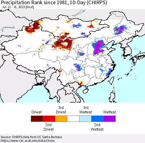 China, Mongolia and Taiwan Precipitation Rank since 1981, 10-Day (CHIRPS) Thematic Map For 7/21/2023 - 7/31/2023
