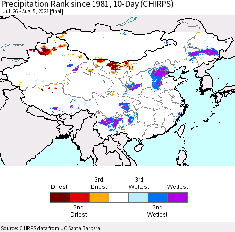 China, Mongolia and Taiwan Precipitation Rank since 1981, 10-Day (CHIRPS) Thematic Map For 7/26/2023 - 8/5/2023