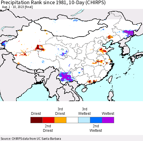 China, Mongolia and Taiwan Precipitation Rank since 1981, 10-Day (CHIRPS) Thematic Map For 8/1/2023 - 8/10/2023