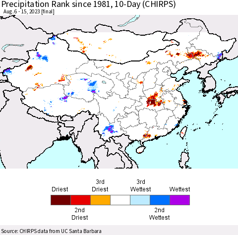 China, Mongolia and Taiwan Precipitation Rank since 1981, 10-Day (CHIRPS) Thematic Map For 8/6/2023 - 8/15/2023