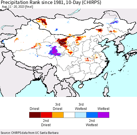 China, Mongolia and Taiwan Precipitation Rank since 1981, 10-Day (CHIRPS) Thematic Map For 8/11/2023 - 8/20/2023