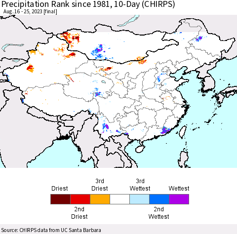 China, Mongolia and Taiwan Precipitation Rank since 1981, 10-Day (CHIRPS) Thematic Map For 8/16/2023 - 8/25/2023